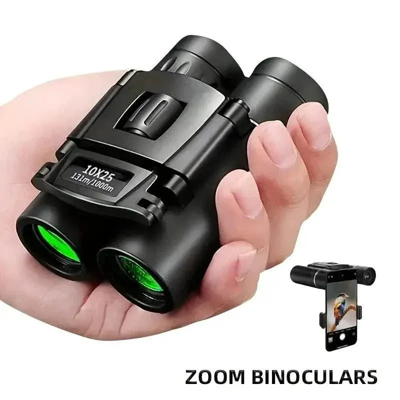 High Powered Mini Pocket Binoculars 10x25 with Phone Adapter – Compact, Lightweight, Portable – Black - A-1 Thread Vault