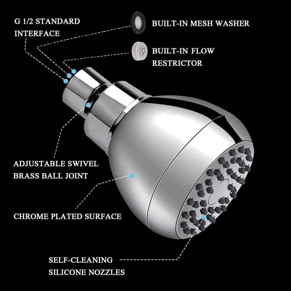 High Pressure Shower Head 3" Anti-clog Anti-leak Fixed with Adjustable Swivel Brass Ball Joint - A-1 Thread Vault