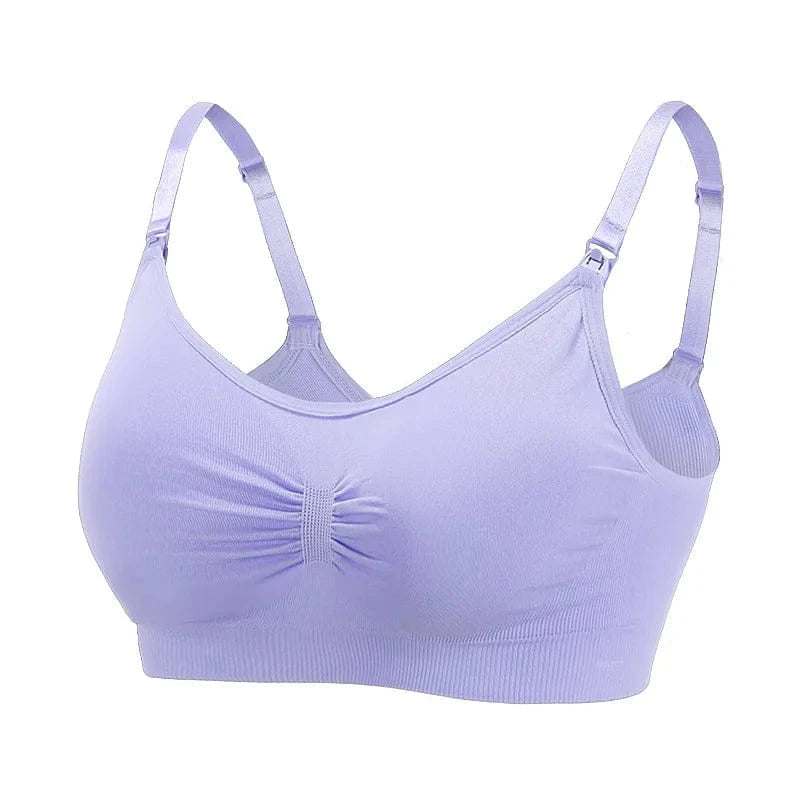 A lavender maternity nursing bra with adjustable straps, a center-ruched front, and easy-access clips at the top of the cups.