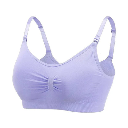 A lavender maternity nursing bra with adjustable straps, a center-ruched front, and easy-access clips at the top of the cups.