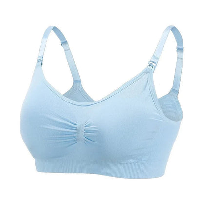 A light blue seamless nursing bra with adjustable spaghetti straps and small plastic clips at the top of the cups.