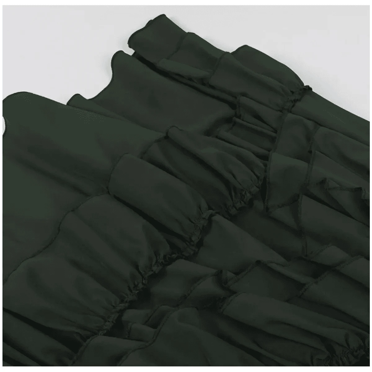 A dark green skirt featuring multiple horizontal tiers of ruffled fabric.