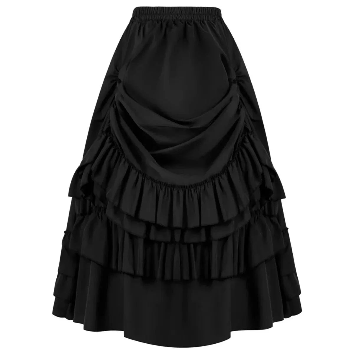 A black midi-length skirt featuring an elastic waistband, a draped front panel, and multiple tiers of ruffled fabric.
