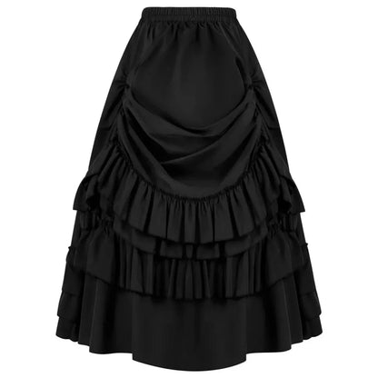 A black midi-length skirt featuring an elastic waistband, a draped front panel, and multiple tiers of ruffled fabric.