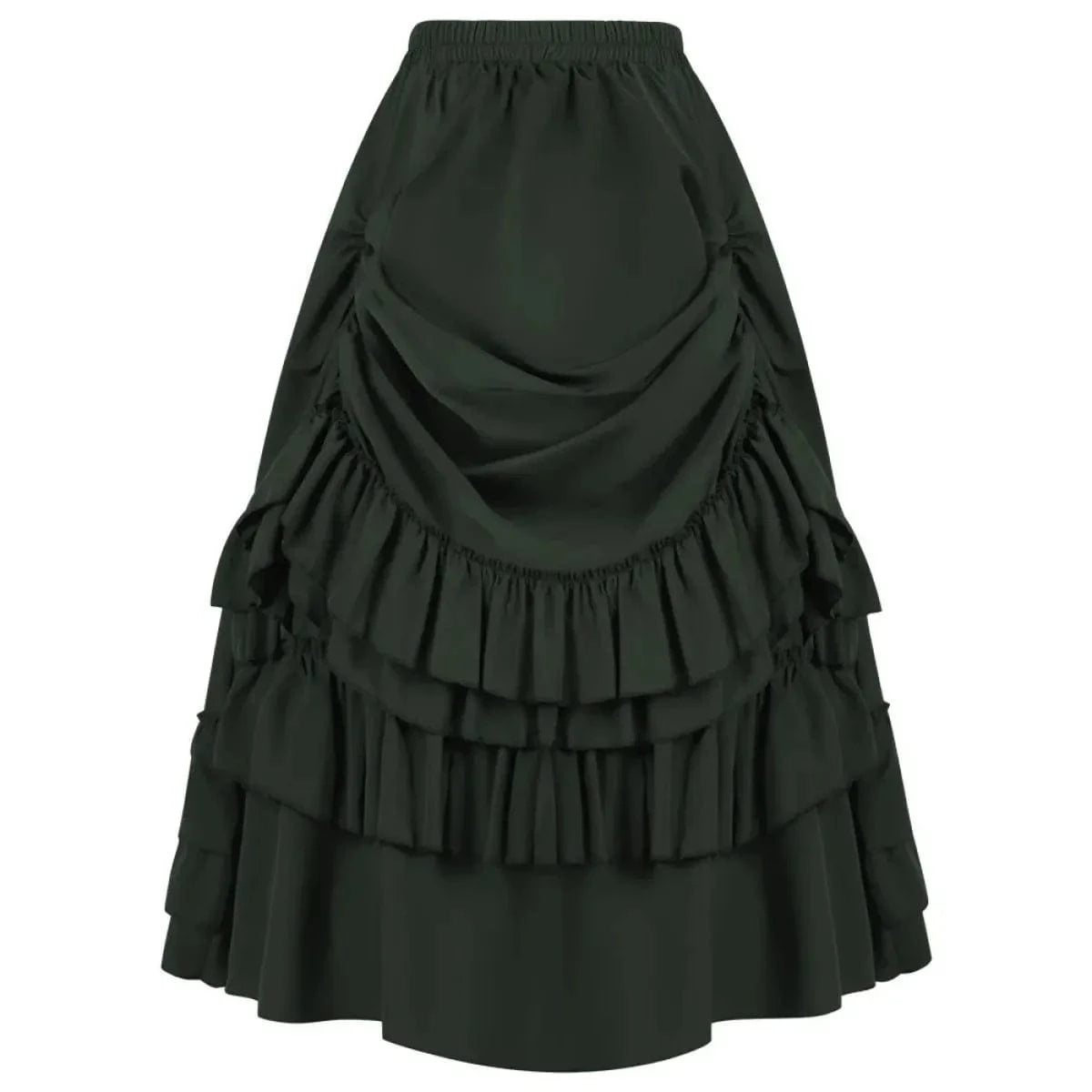A dark green, calf-length Victorian-style skirt featuring a gathered, draped front panel with three tiers of ruffled trim.