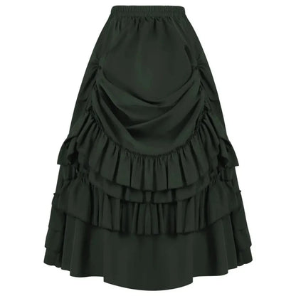 A dark green, calf-length Victorian-style skirt featuring a gathered, draped front panel with three tiers of ruffled trim.