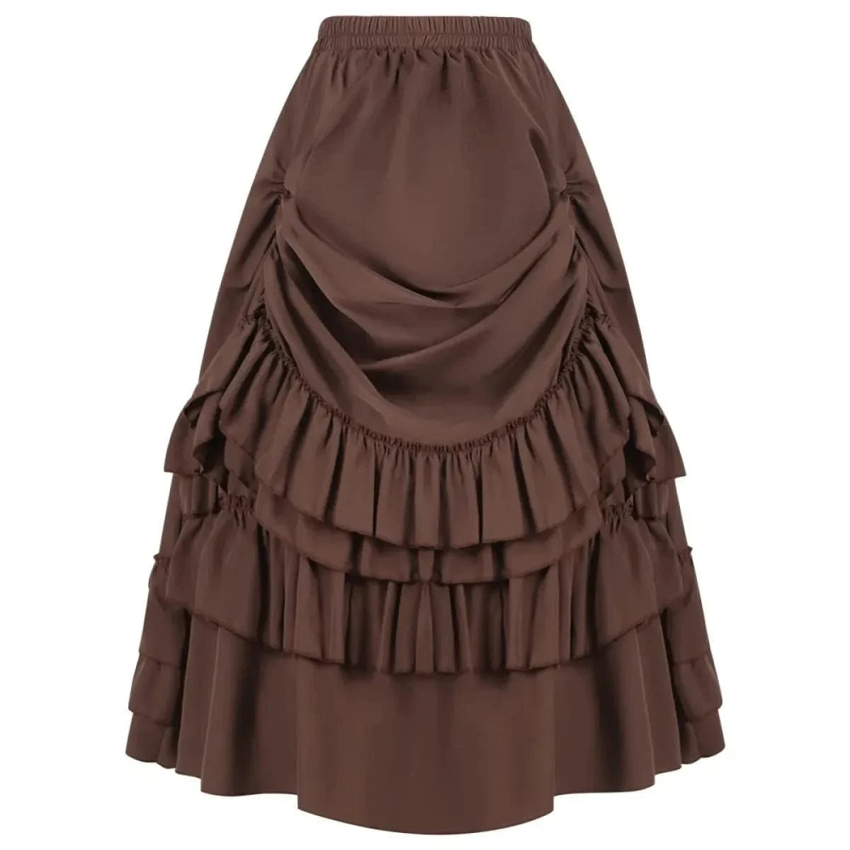 A brown midi-length skirt featuring an elastic waistband, a gathered front panel, and multiple tiers of ruffled fabric.