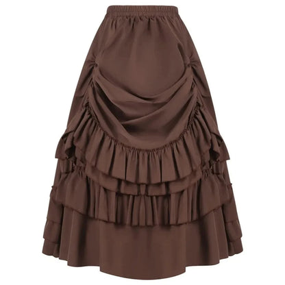 A brown midi-length skirt featuring an elastic waistband, a gathered front panel, and multiple tiers of ruffled fabric.