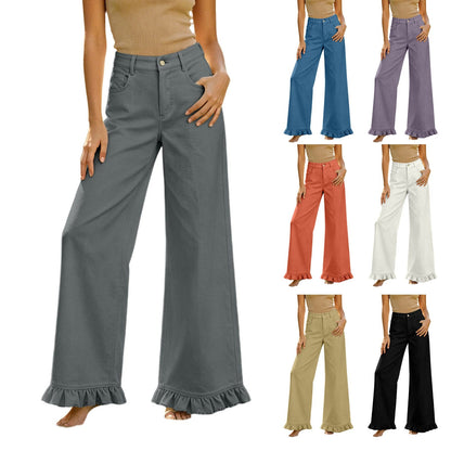 High-waisted Cotton-linen Wide-leg Pants With Ruffled Hem - A-1 Thread Vault