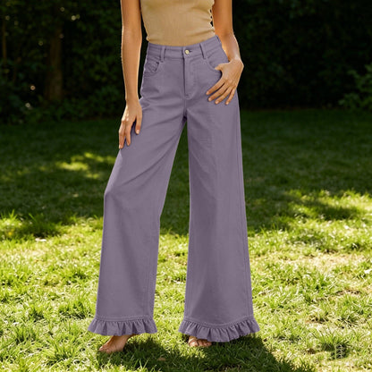 High-waisted Cotton-linen Wide-leg Pants With Ruffled Hem - A-1 Thread Vault