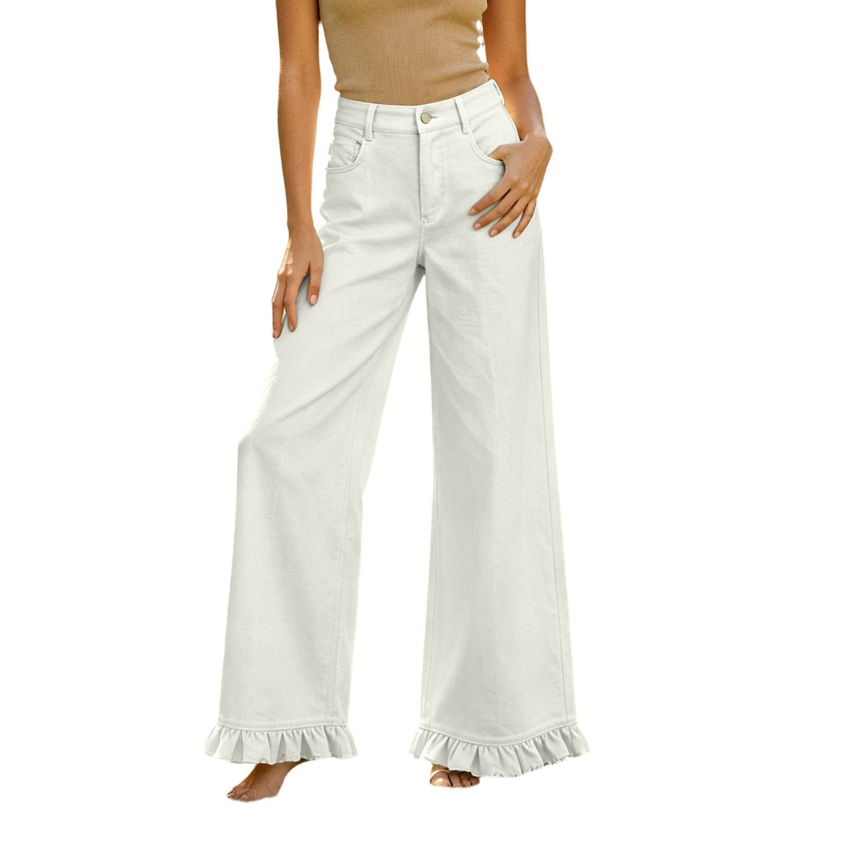 High-waisted Cotton-linen Wide-leg Pants With Ruffled Hem - A-1 Thread Vault