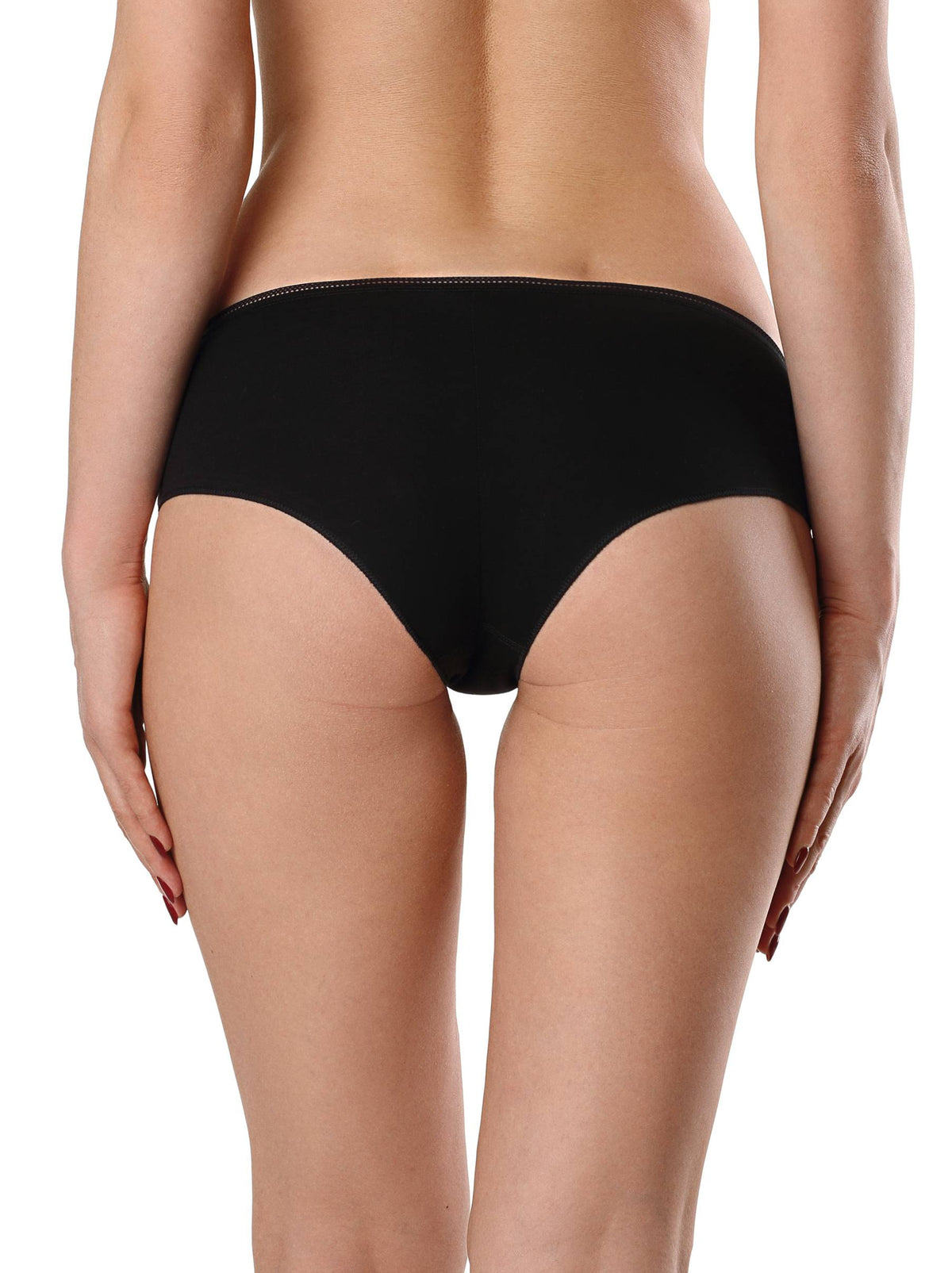 A pair of black, high-waisted briefs shown from the back on a person with their hands resting on their hips.