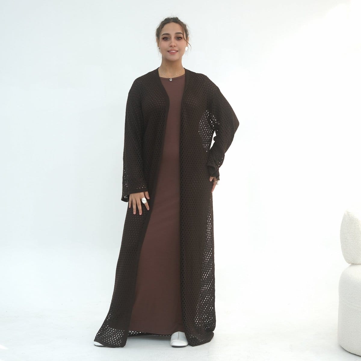 Hollow-Out Knit Open Abaya Cardigan with Waist Belt(MOA315) - A-1 Thread Vault