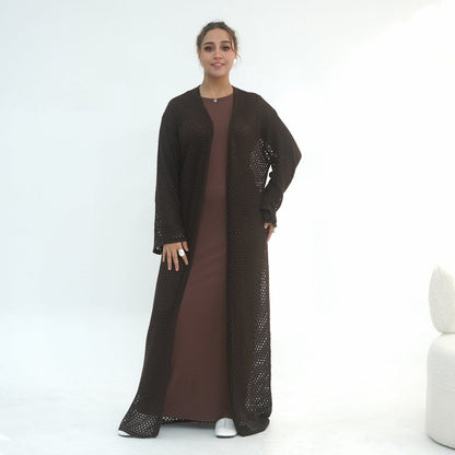 Hollow-Out Knit Open Abaya Cardigan with Waist Belt(MOA315) - A-1 Thread Vault