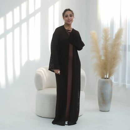 Hollow-Out Knit Open Abaya Cardigan with Waist Belt(MOA315) - A-1 Thread Vault