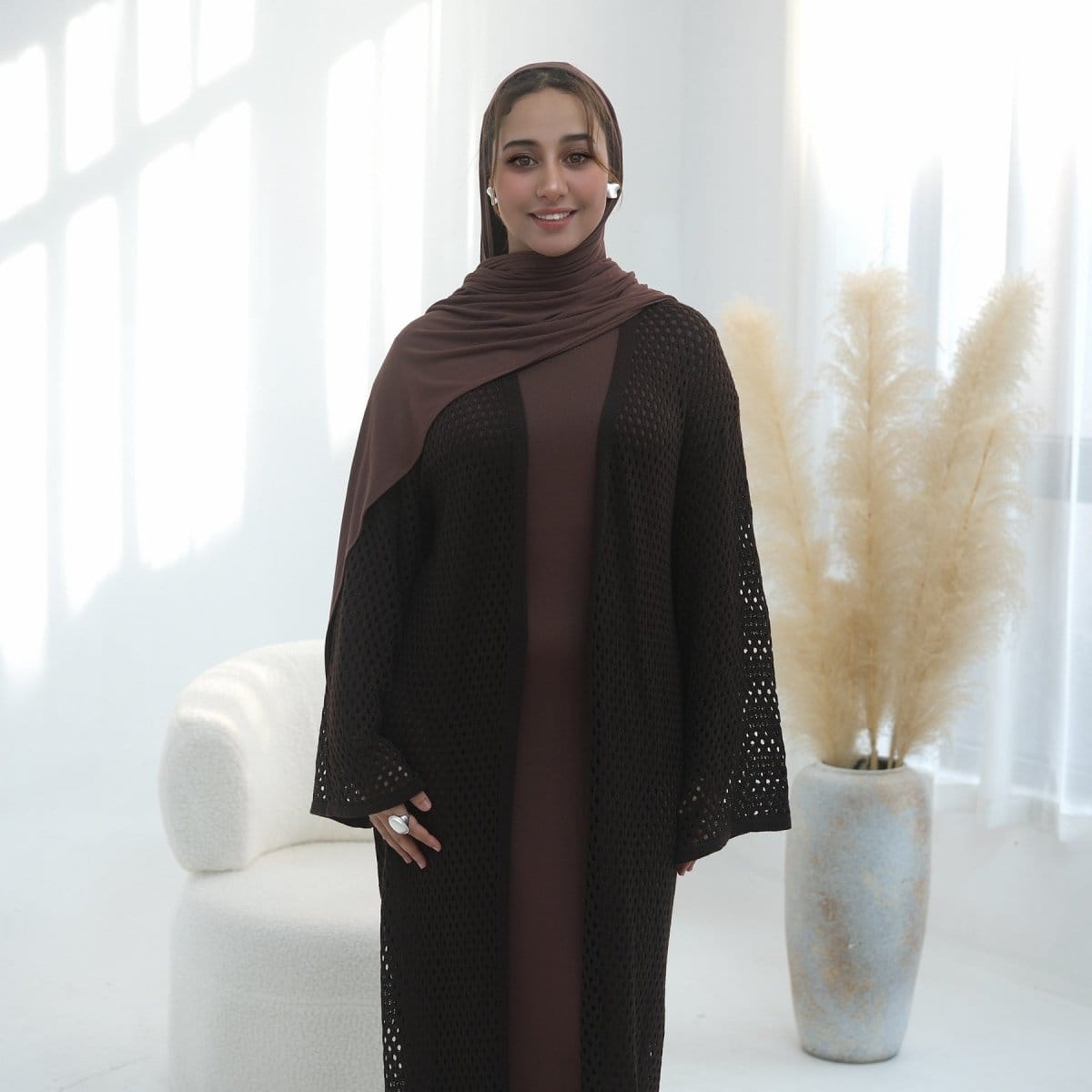 Hollow-Out Knit Open Abaya Cardigan with Waist Belt(MOA315) - A-1 Thread Vault