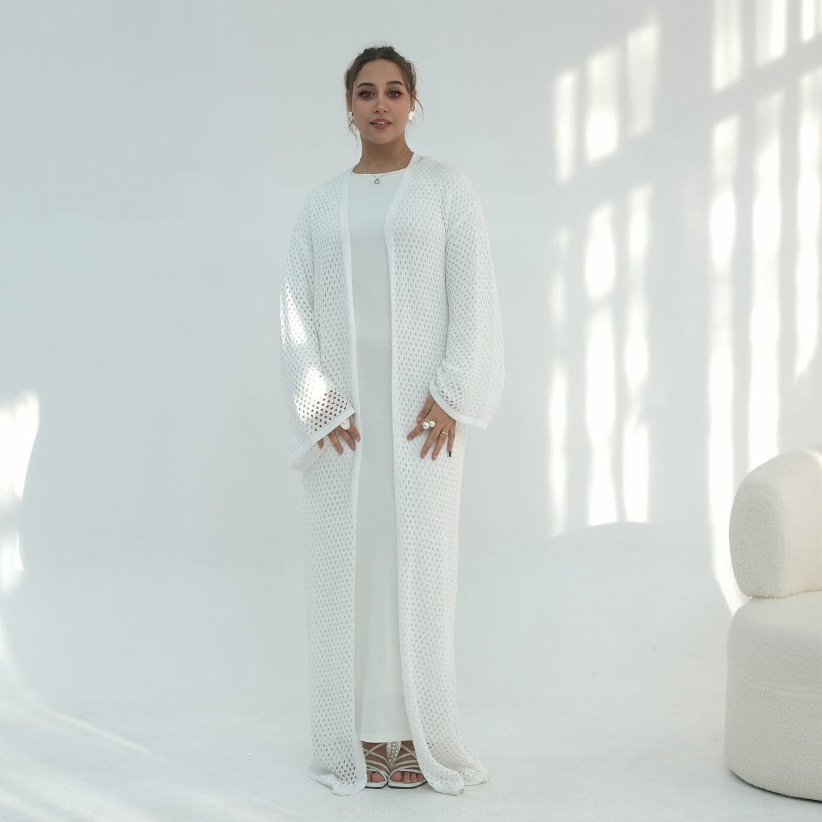 Hollow-Out Knit Open Abaya Cardigan with Waist Belt(MOA315) - A-1 Thread Vault
