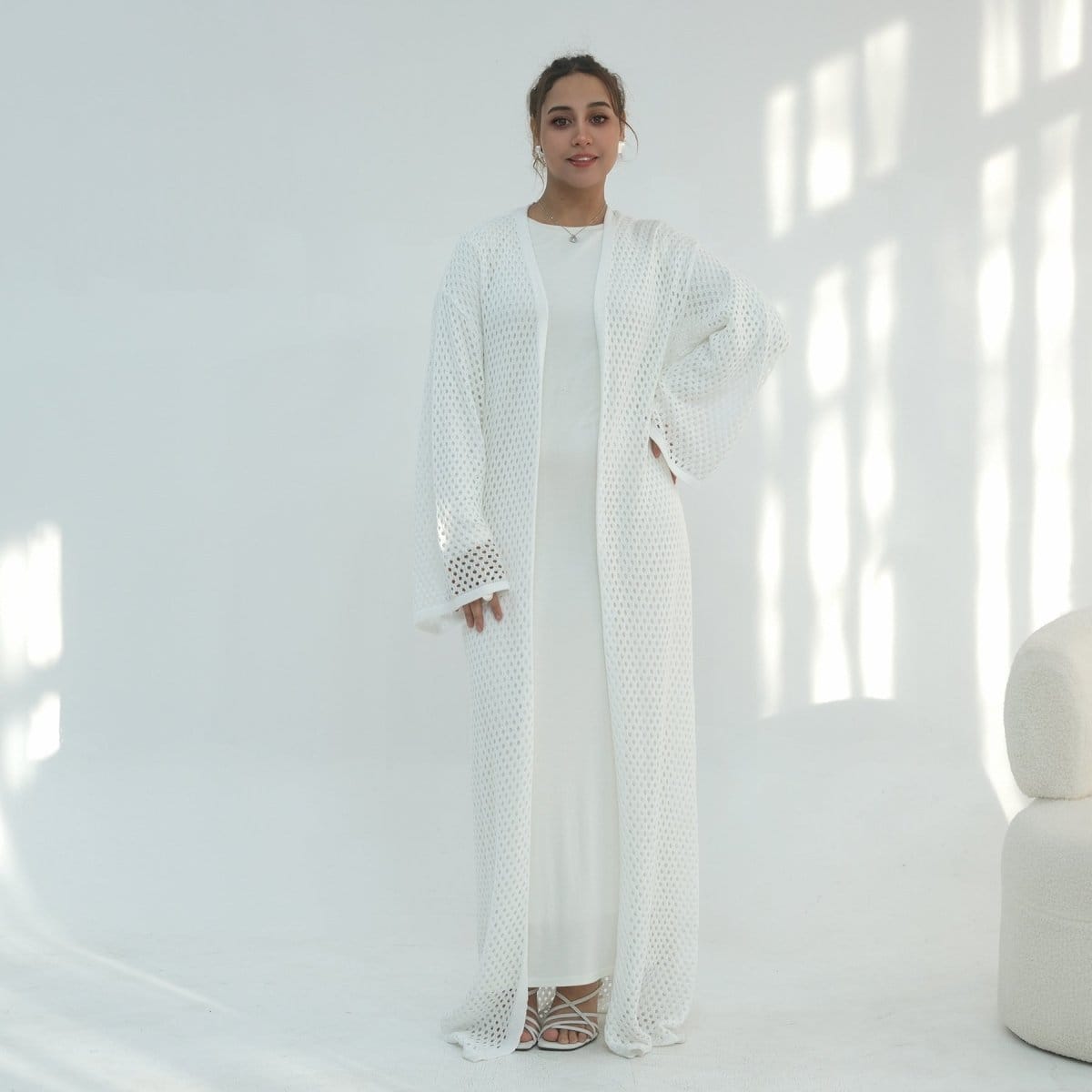 Hollow-Out Knit Open Abaya Cardigan with Waist Belt(MOA315) - A-1 Thread Vault