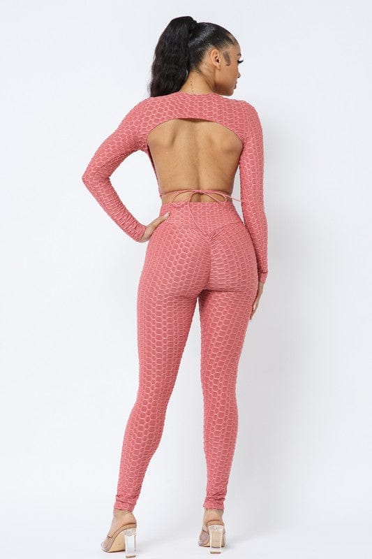 Honeycomb Open Back Leggings Set – Textured 2 Piece Outfit - A-1 Thread Vault