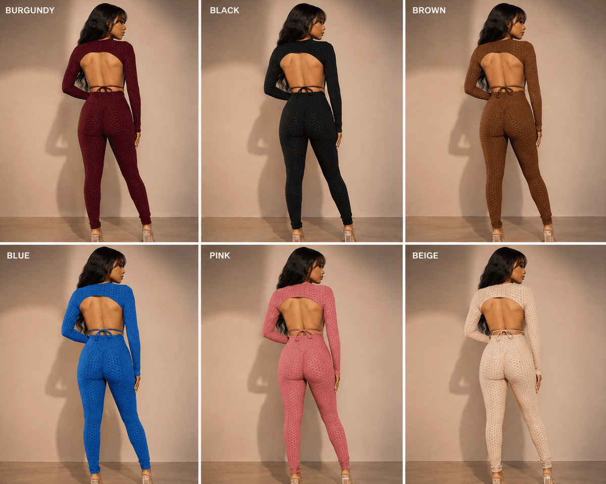 Honeycomb Open Back Leggings Set – Textured 2 Piece Outfit - A-1 Thread Vault