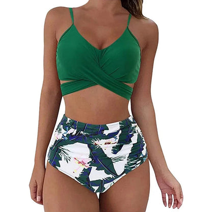 Hot 12 Colors Women Slim Bikini Sets High Waisted Sexy Swimwear 2 Pieces 2025 Solid/Floral Ruched Brazilian Swimsuit Cross Front - A-1 Thread Vault