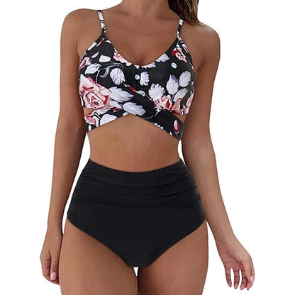 Hot 12 Colors Women Slim Bikini Sets High Waisted Sexy Swimwear 2 Pieces 2025 Solid/Floral Ruched Brazilian Swimsuit Cross Front - A-1 Thread Vault