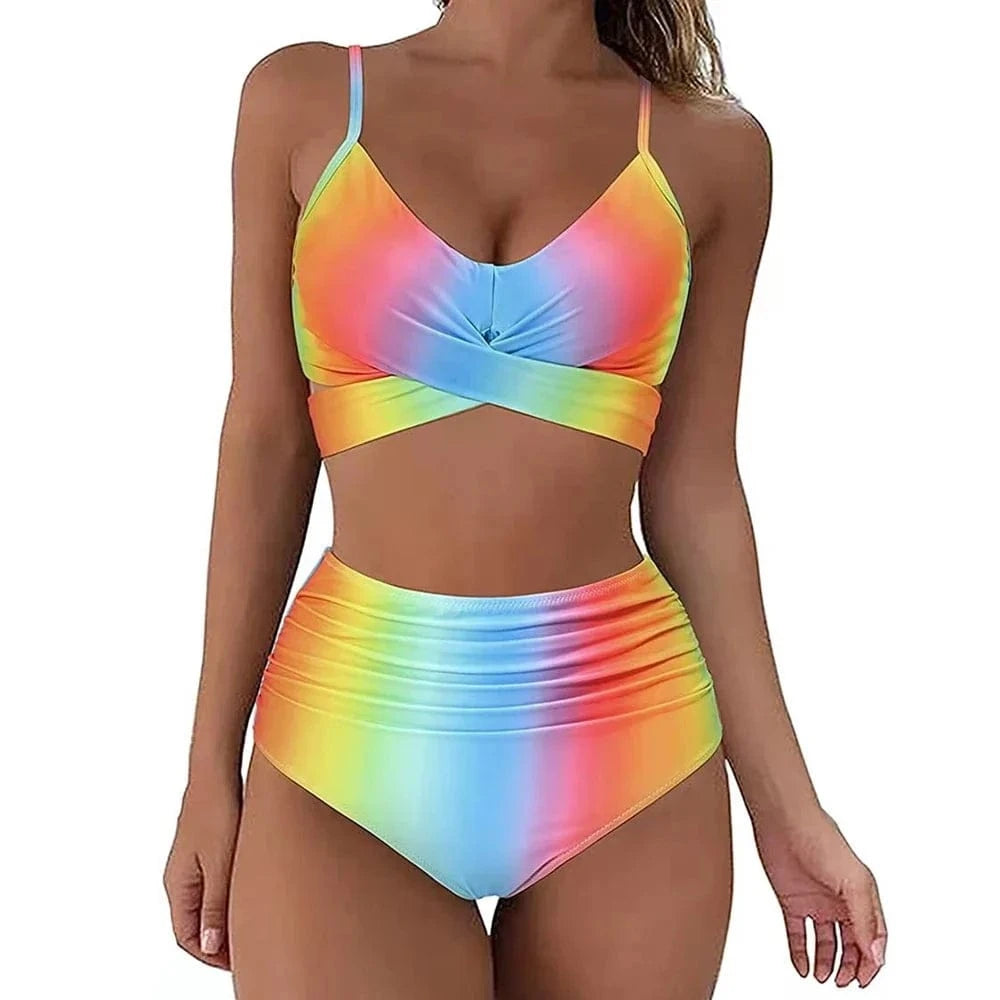 Hot 12 Colors Women Slim Bikini Sets High Waisted Sexy Swimwear 2 Pieces 2025 Solid/Floral Ruched Brazilian Swimsuit Cross Front - A-1 Thread Vault