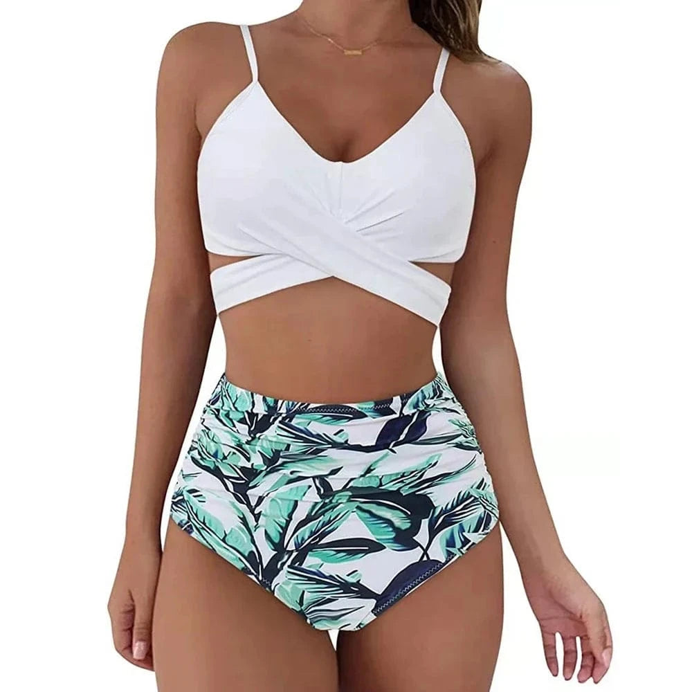 Hot 12 Colors Women Slim Bikini Sets High Waisted Sexy Swimwear 2 Pieces 2025 Solid/Floral Ruched Brazilian Swimsuit Cross Front - A-1 Thread Vault