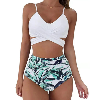 Hot 12 Colors Women Slim Bikini Sets High Waisted Sexy Swimwear 2 Pieces 2025 Solid/Floral Ruched Brazilian Swimsuit Cross Front - A-1 Thread Vault