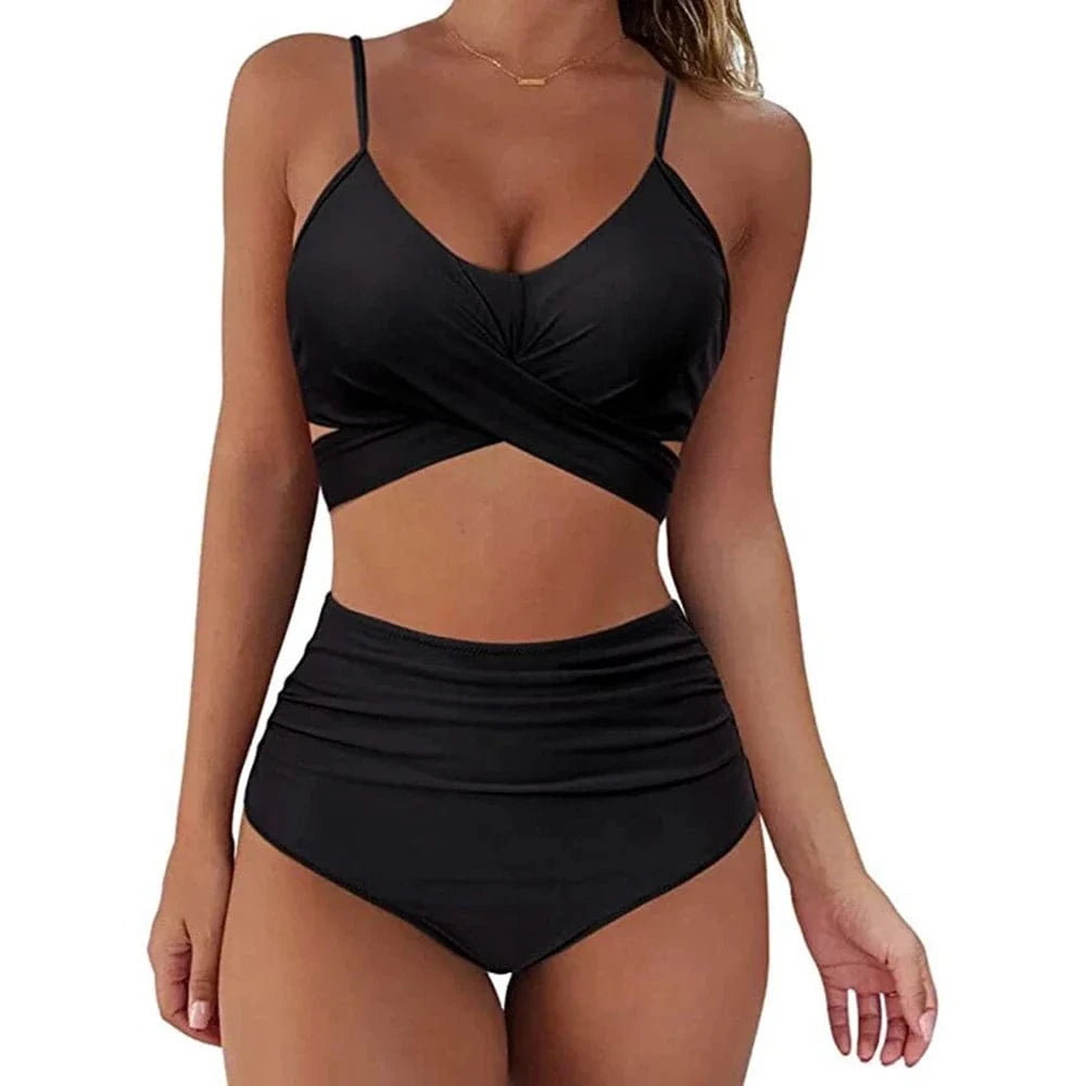 Hot 12 Colors Women Slim Bikini Sets High Waisted Sexy Swimwear 2 Pieces 2025 Solid/Floral Ruched Brazilian Swimsuit Cross Front - A-1 Thread Vault