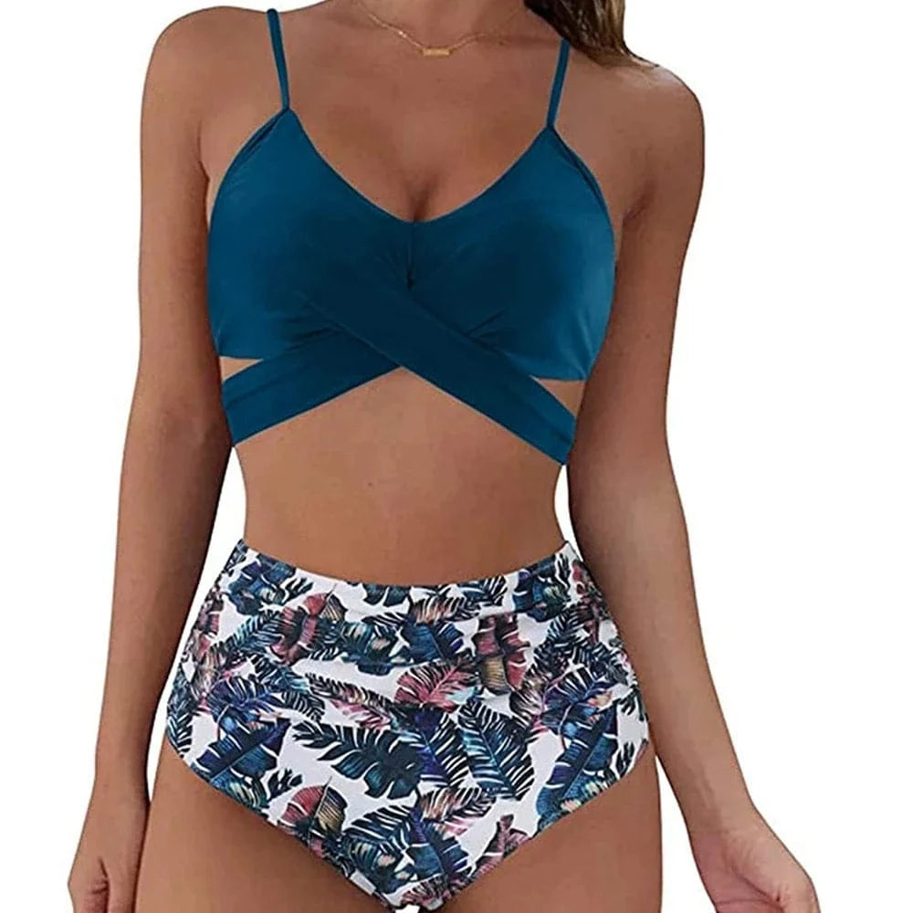 Hot 12 Colors Women Slim Bikini Sets High Waisted Sexy Swimwear 2 Pieces 2025 Solid/Floral Ruched Brazilian Swimsuit Cross Front - A-1 Thread Vault