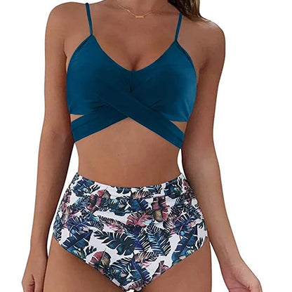 Hot 12 Colors Women Slim Bikini Sets High Waisted Sexy Swimwear 2 Pieces 2025 Solid/Floral Ruched Brazilian Swimsuit Cross Front - A-1 Thread Vault