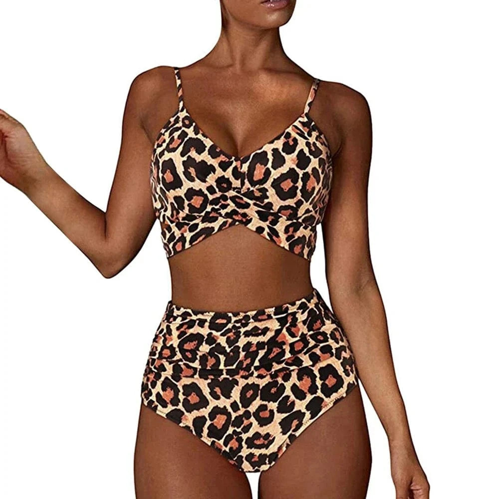 Hot 12 Colors Women Slim Bikini Sets High Waisted Sexy Swimwear 2 Pieces 2025 Solid/Floral Ruched Brazilian Swimsuit Cross Front - A-1 Thread Vault