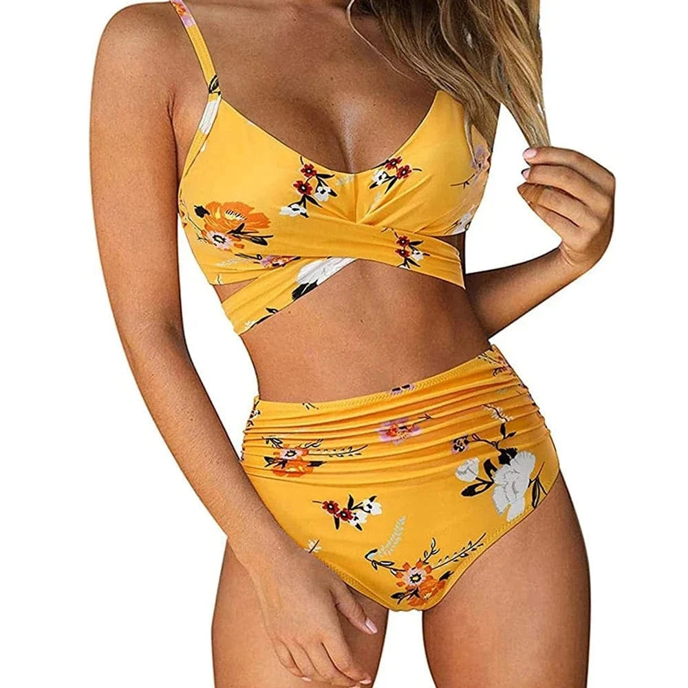 Hot 12 Colors Women Slim Bikini Sets High Waisted Sexy Swimwear 2 Pieces 2025 Solid/Floral Ruched Brazilian Swimsuit Cross Front - A-1 Thread Vault