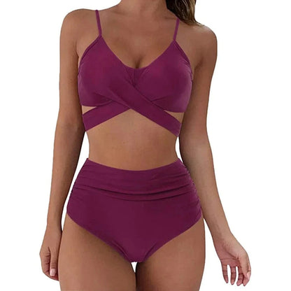 Hot 12 Colors Women Slim Bikini Sets High Waisted Sexy Swimwear 2 Pieces 2025 Solid/Floral Ruched Brazilian Swimsuit Cross Front - A-1 Thread Vault