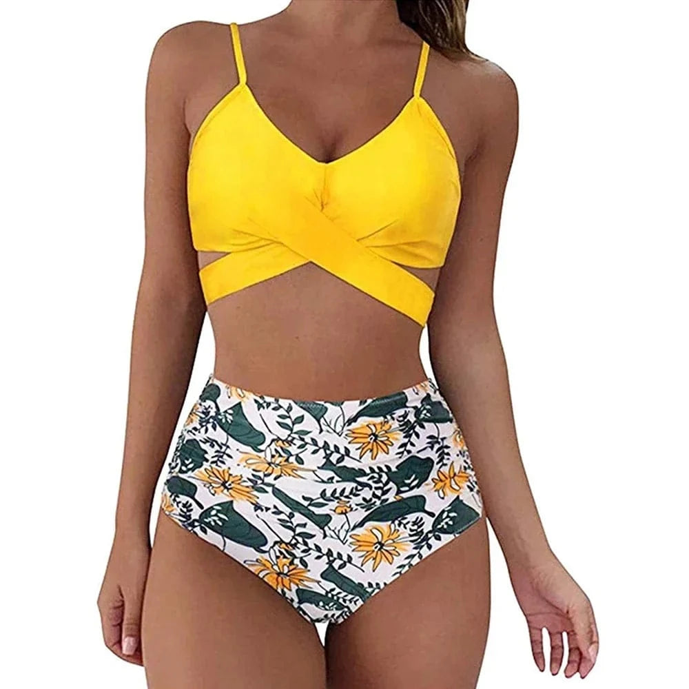 Hot 12 Colors Women Slim Bikini Sets High Waisted Sexy Swimwear 2 Pieces 2025 Solid/Floral Ruched Brazilian Swimsuit Cross Front - A-1 Thread Vault