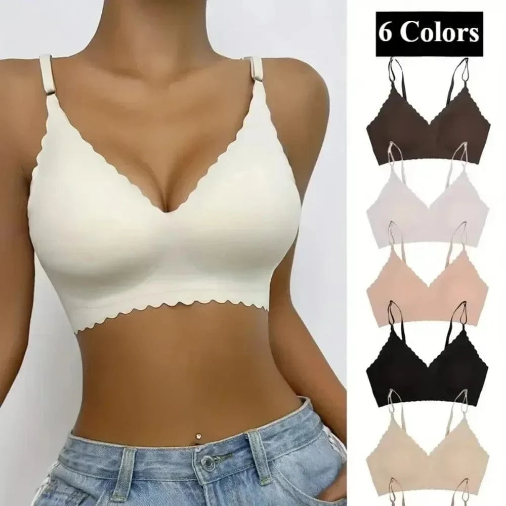 Hot Sale 6 Colors New Ice Silk Underwear Comfy Bra WireFree Padded Wavy Edge Invisible Yoga Wear Ladies Bra Seamless Women Bra - A-1 Thread Vault