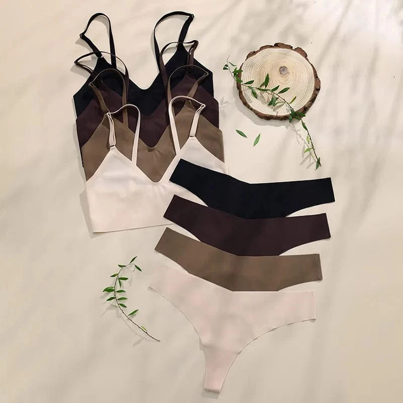 Hot Sale Ladies' V-Neck Style Wire-Free Seamless Underwear Set With Briefs Women Underwear Bras And Panties Set - A-1 Thread Vault