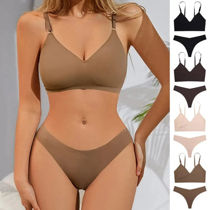 Hot Sale Ladies' V-Neck Style Wire-Free Seamless Underwear Set With Briefs Women Underwear Bras And Panties Set - A-1 Thread Vault