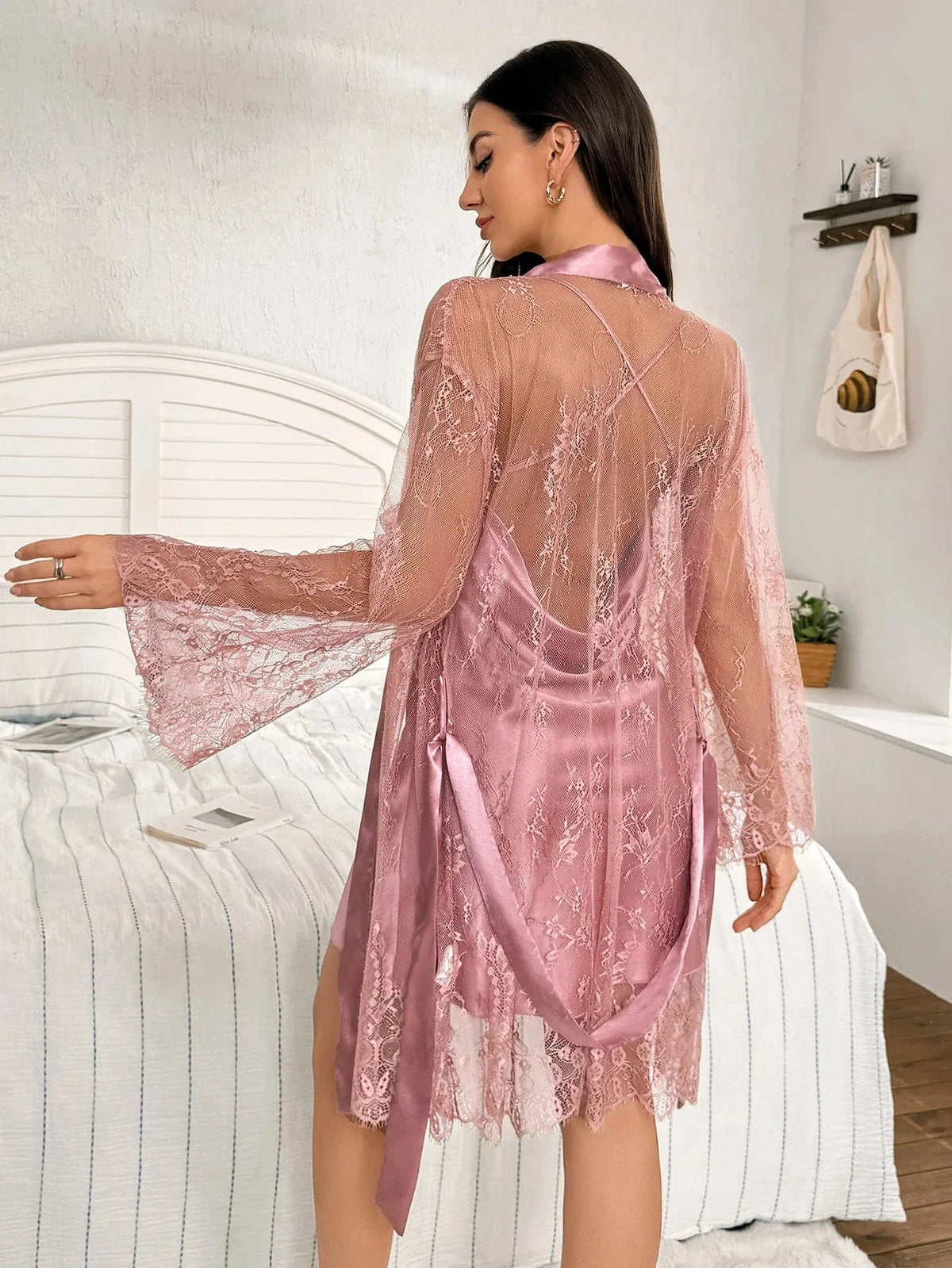Hot-selling solid-color polyester nightgown lace see-through robe for women 2pcs set - A-1 Thread Vault