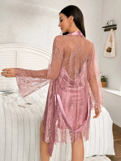 Hot-selling solid-color polyester nightgown lace see-through robe for women 2pcs set - A-1 Thread Vault
