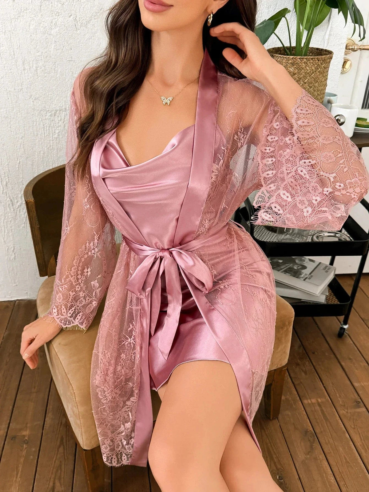 Hot-selling solid-color polyester nightgown lace see-through robe for women 2pcs set - A-1 Thread Vault