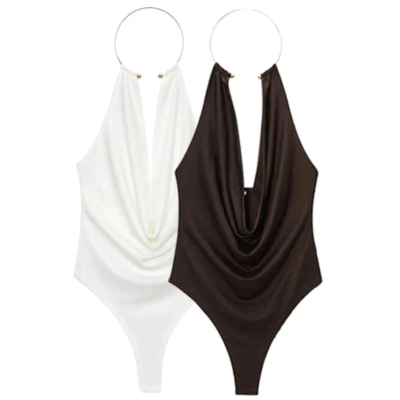 HXAO Brown Halter Bodysuit Women Summer Bodys For Sexy Women Off Shoulder Sleeveless Thong Bodysuit With Open Back Rave Bodysuit - A-1 Thread Vault