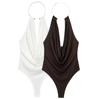 HXAO Brown Halter Bodysuit Women Summer Bodys For Sexy Women Off Shoulder Sleeveless Thong Bodysuit With Open Back Rave Bodysuit - A-1 Thread Vault
