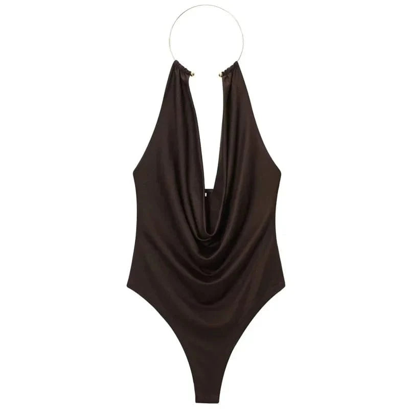 HXAO Brown Halter Bodysuit Women Summer Bodys For Sexy Women Off Shoulder Sleeveless Thong Bodysuit With Open Back Rave Bodysuit - A-1 Thread Vault