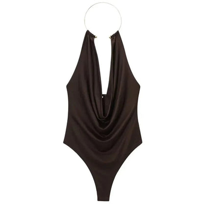 HXAO Brown Halter Bodysuit Women Summer Bodys For Sexy Women Off Shoulder Sleeveless Thong Bodysuit With Open Back Rave Bodysuit - A-1 Thread Vault