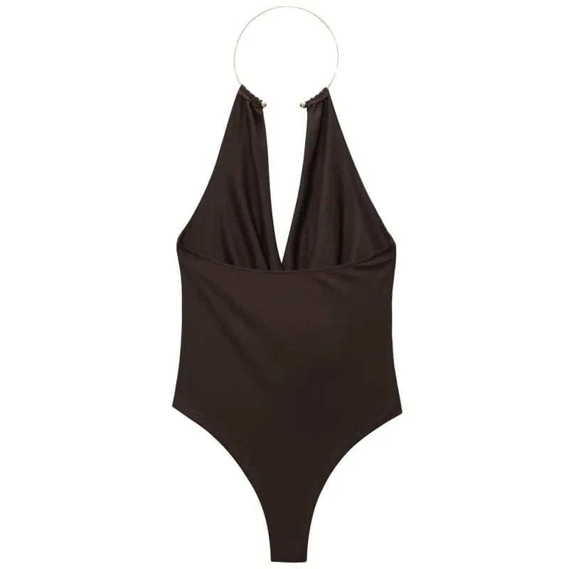 HXAO Brown Halter Bodysuit Women Summer Bodys For Sexy Women Off Shoulder Sleeveless Thong Bodysuit With Open Back Rave Bodysuit - A-1 Thread Vault
