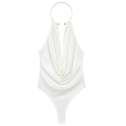 HXAO Brown Halter Bodysuit Women Summer Bodys For Sexy Women Off Shoulder Sleeveless Thong Bodysuit With Open Back Rave Bodysuit - A-1 Thread Vault