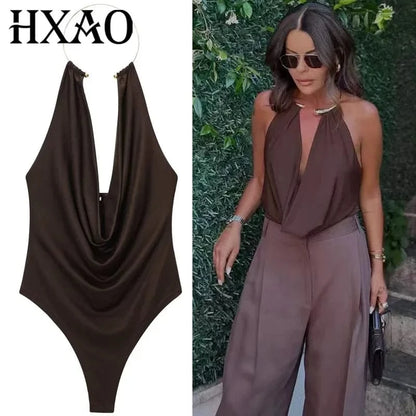 HXAO Brown Halter Bodysuit Women Summer Bodys For Sexy Women Off Shoulder Sleeveless Thong Bodysuit With Open Back Rave Bodysuit - A-1 Thread Vault