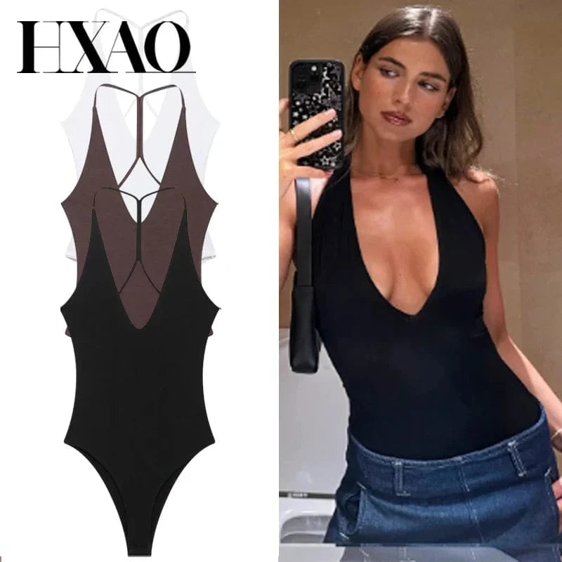 HXAO Halter Corset Bodysuit Women Black Brown White Bodysuit Body Sexy Women Slimming Backless Top Chic Lingerie Thong Bodysuits - A-1 Thread Vault